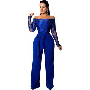 IWEMEK Women Elegant Off Shoulder Floral Lace Slim Long Jumpsuit Pants High Waist Casual Bodycon Wide Leg Romper with Belt (X-Large, Blue)