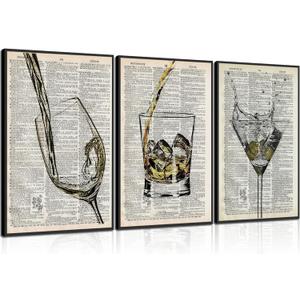 3Pcs Bar Cart Wall Art Vintage Funky Champagne Glasses Posters Pictures Black And White Cocktail Glasses Paintings Bar Dictionary Canvas Prints for Bar Party Dining Man Cave Wall Decor Unframed, 12 X 16 Inches/16x24 Inches