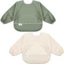 Long Sleeve Baby Bib, Waterproof Fabric, Catch-All Pocket, Baby Smock Bib, Adjustable Sleeves (Small 6-24 Months, Lovry Sage)