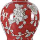 Vintage Chinoiserie Floral Ceramic Vase, Large Rustic Pottery Vases for Living Room, Entryway, Dining Table Centerpiece, Farmhouse Home Dcor, Floor or Tabletop Flower Vase, (Red)