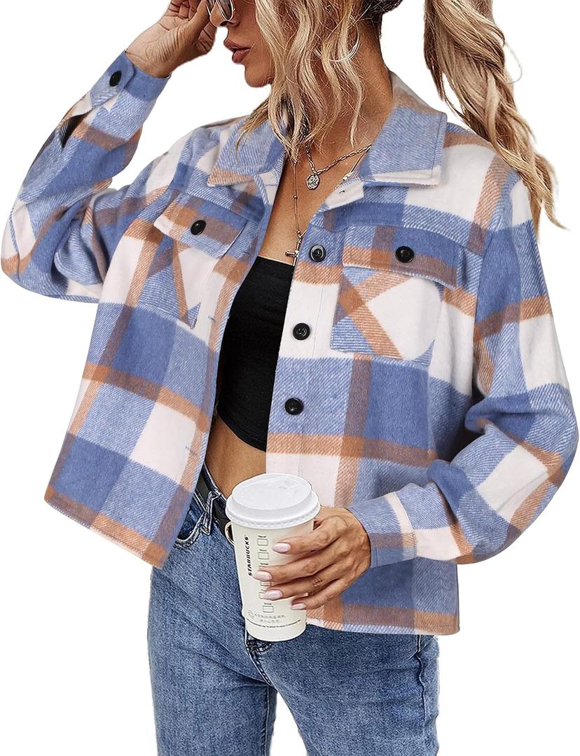 HOTOUCH Womens Flannels Fall Cropped Shacket Plaid Jacket Long Sleeve Button Down Coat 2026 Fall Fashion Trendy Outfits (Blue, XL)