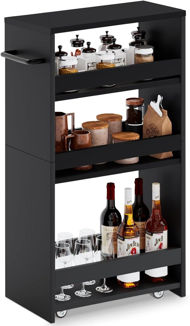 MARTY Rolling Storage Cart 7.9" W, 4-Tier Kitchen Cart with Wheels Handle, Slim Storage Cart Mobile Shelving Utility Carts for Bathroom Laundry Room Organization Narrow Places (All Black)