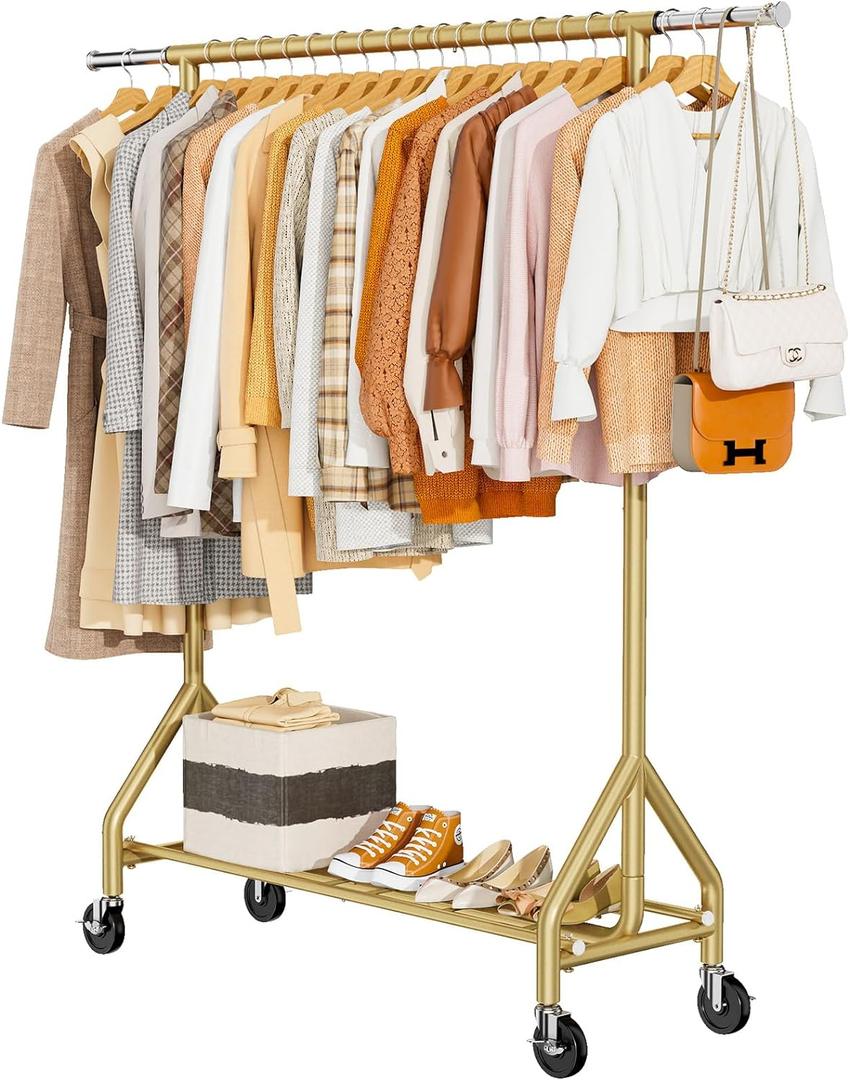 HYSEYY Heavy Duty Clothes Rack Load 450 LBS, Metal Garment Rack, Standing Rolling Clothing Rack for Hanging Clothes with Sturdy Wheels & Shelves, Portable Closet Wardrobe Rack,Gold, 69"D x 20"W x 70"H
