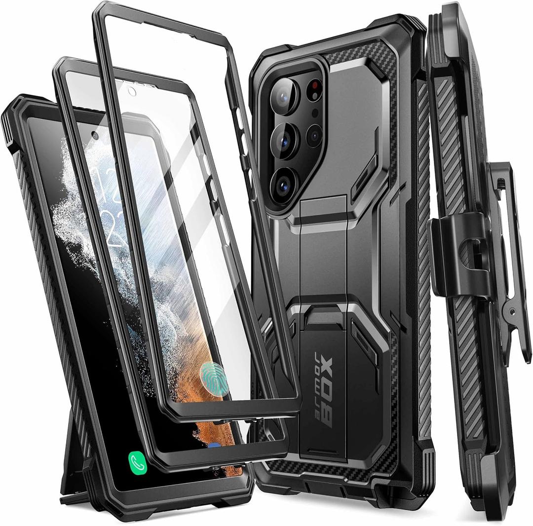 i-Blason for Samsung Galaxy S23 Ultra Case with Stand, [2 Front Frames] [Built-in Screen Protector] [Belt Clip Holster], Military-Grade Shockproof Rugged Phone Case for Samsung Galaxy S23 Ultra, Black