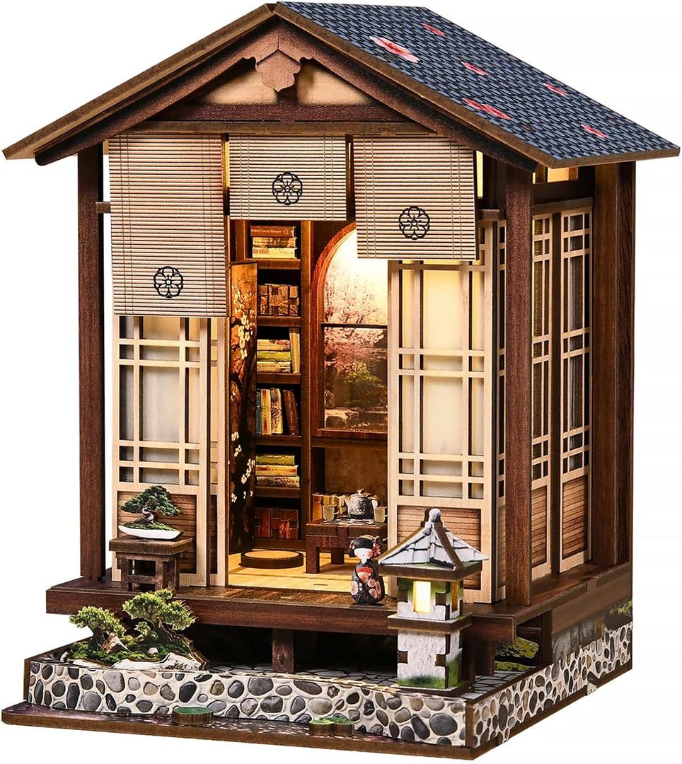 Book Nook Kit - DIY Miniature House Kit for Adults and Teens, Booknook Tiny Japanese Dollhouse Kit Bookshelf Decor 3D Wooden Puzzle, Gifts for Family, Friends