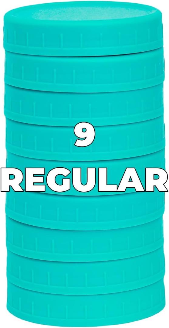 9 Pack Blue-green Regular Mouth Mason Jar Lids with Silicone Rings,9 Color to Choose, Plastic Mason Jar Lids,Plastic Canning Lids, Fit Ball,Kerr and More (Blue-green)