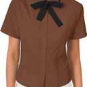 Rooscier Women's Collared Bow Tie Shirt Button Down Short Sleeve Elegant Work Business Blouse Top (Brown, S)