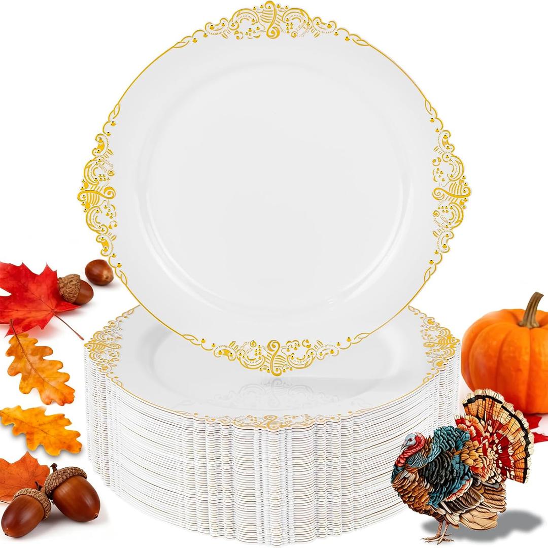 Nervure 100Pcs White and Gold Plastic Plates - 10.25Inch Gold Disposable Plates - Heavyweight Dinner Plate for Wedding & Party & Thanksgiving