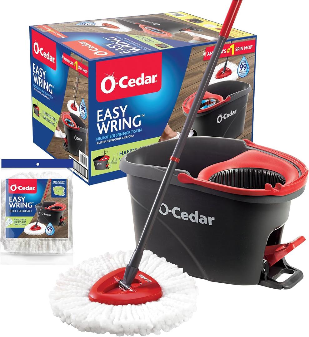O-Cedar Easywring Microfiber Spin Mop & Bucket Floor Cleaning System with 1 Extra Refill,Red / Gray