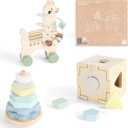 FReniland Montessori Toys for 1 Year Old3-in-1 Wooden Baby ToysWooden Stacking ToyToddler Shape Sorting Cube, Llama Ring Toy,Newborn Baby Gift Sets for Boys and Girls