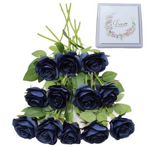 LVEFIT Artificial Rose Flower Artificial Flowers Flower with Long Stem Silk Roses Bouquet for Wedding Bridal Shower Party Home Decoration (Navy Blue, 12 Pcs)
