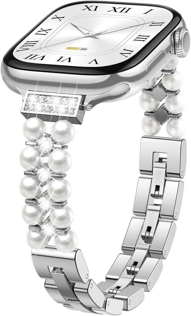 Slim Pearl Beaded Bracelet for Apple Watch Bands 40mm 38mm 41mm 42mm 44mm 45mm 46mm for Women,Elastic Adjustable Metal Bling Diamond Strap for iWatch Series 11 10 9 8 7 6 5 4 3 SE 3/2nd Ultra 49mm (01-Silver)