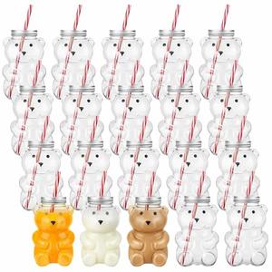 Sliner Valentine Bear Bottles with Straws Including Plastic Bear Drink Empty Bottle & Straws & Caps for Valentine Party Juice Milk Cup Drink Water Container