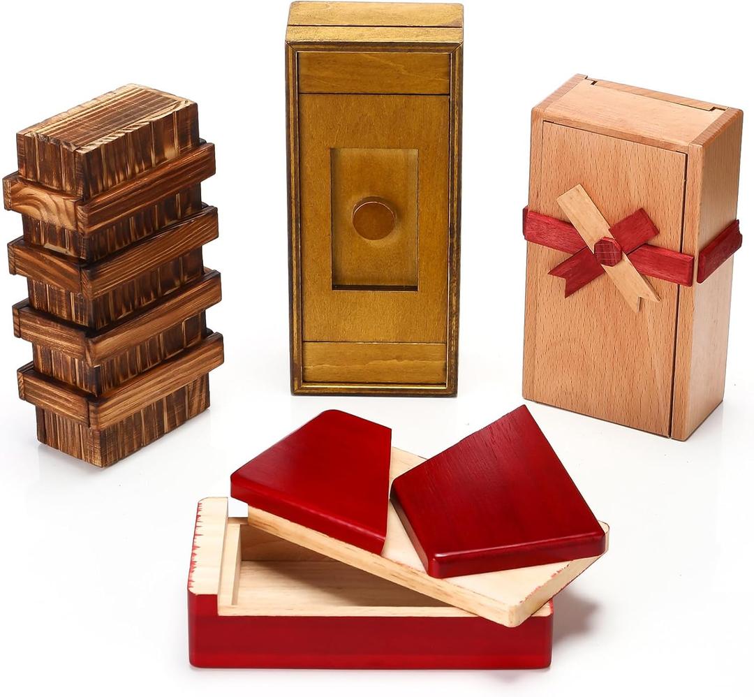 Zhanmai 4 Pieces Wooden Puzzle Boxes Gift Card Wooden Puzzle Boxes Money Case Holders Teaser Mysterious Wood Boxes for Christmas Birthday Gift, 4 Styles(Adorable Style)