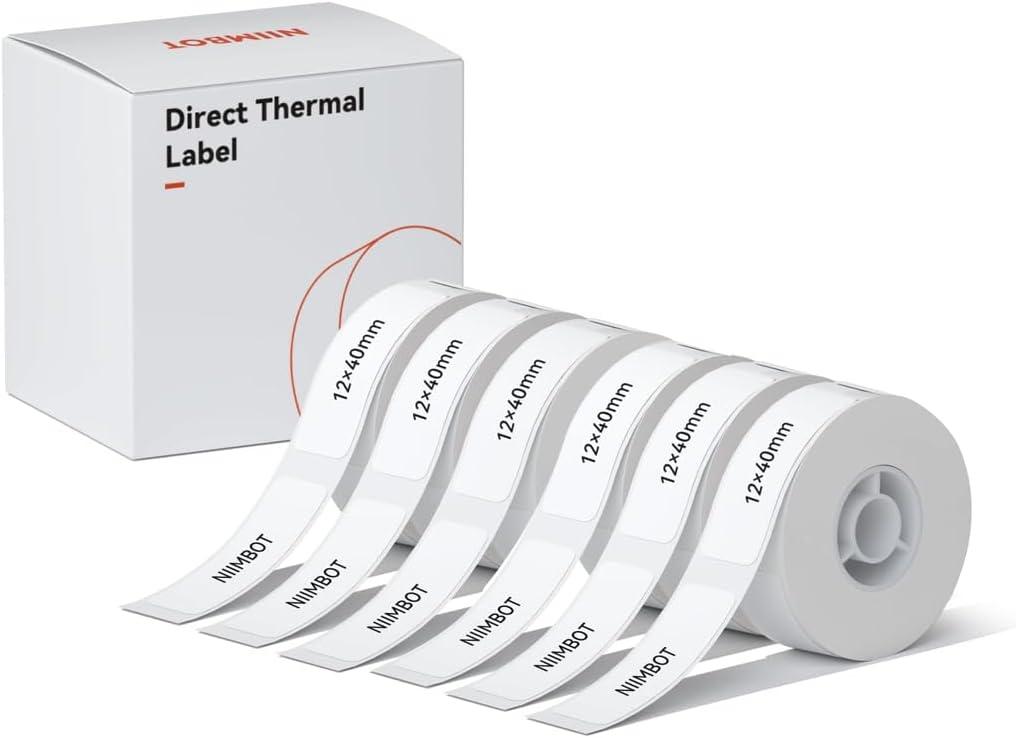 Label Tape for NIIMBOT D11/D110/D101 Printer, 6 Rolls D110 Thermal Sticker Labels Waterproof Anti-Oil Paper White 12 * 40mm (0.47 x 1.57 Inch)
