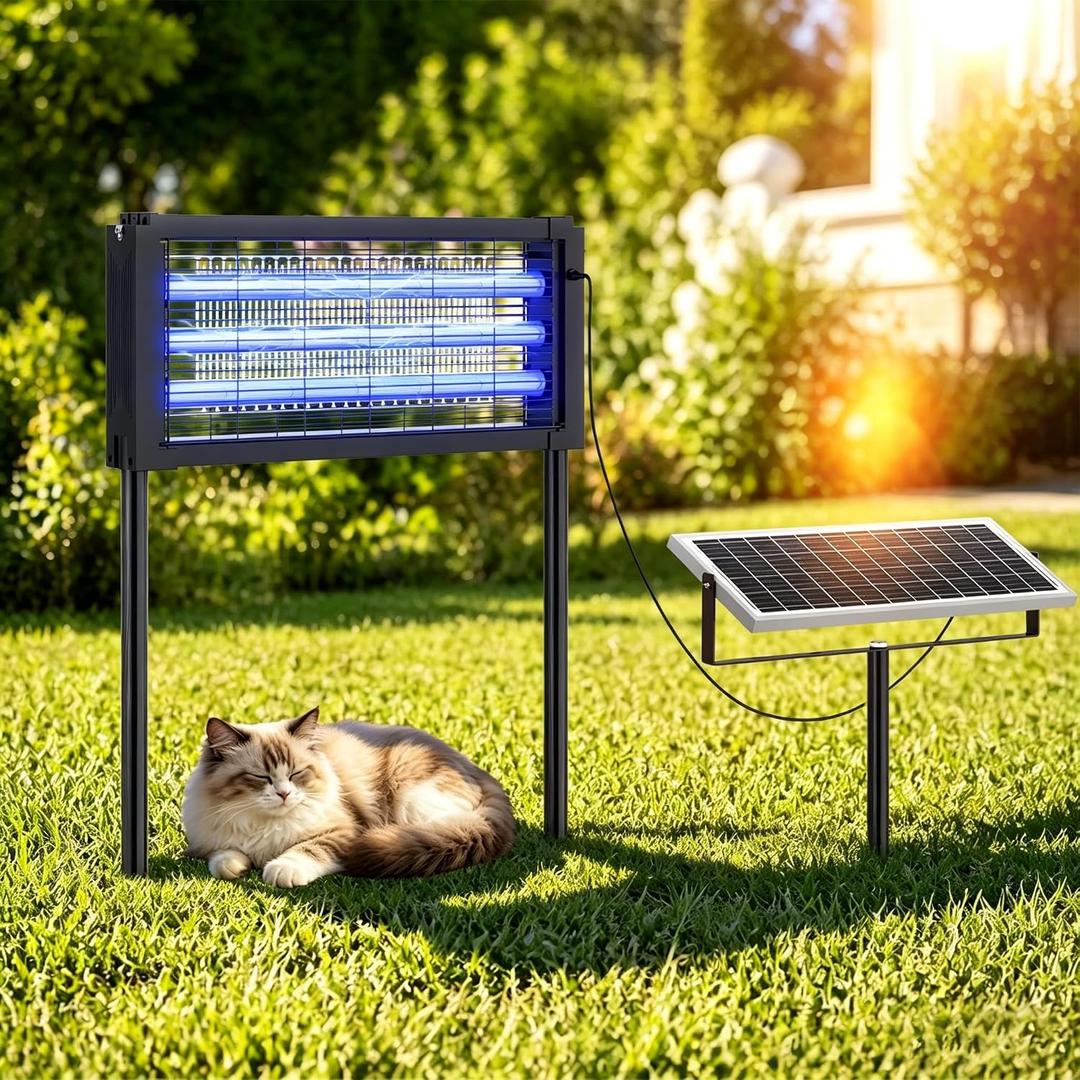 Solar Bug Zapper Outdoor Waterproof 30W for Patio, Yard, Garden, Camping | split-type solar panel, 3,500sq.ft coverage, 3,500V grid, solar+USB dual charge, 11.5ft extension cord, hang, stake & place