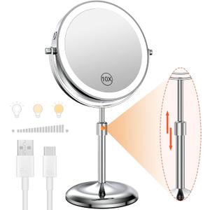 Benbilry Lighted Makeup Mirror with Magnification 10X & 3 Color Lights, Adjustable Brightness & Height, 7 Inch 360 Swivel Rechargeable LED Magnifying Make Up Vanity Mirror with Lighting (Silver)