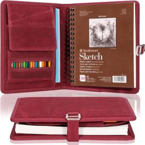 Plinyvel Travel Sketchbook Cover 5.5"x8.5" with Pencil Holder - Waxed Canvas Art Storage Case & Artist Padfolio Organizer Kit (Red)