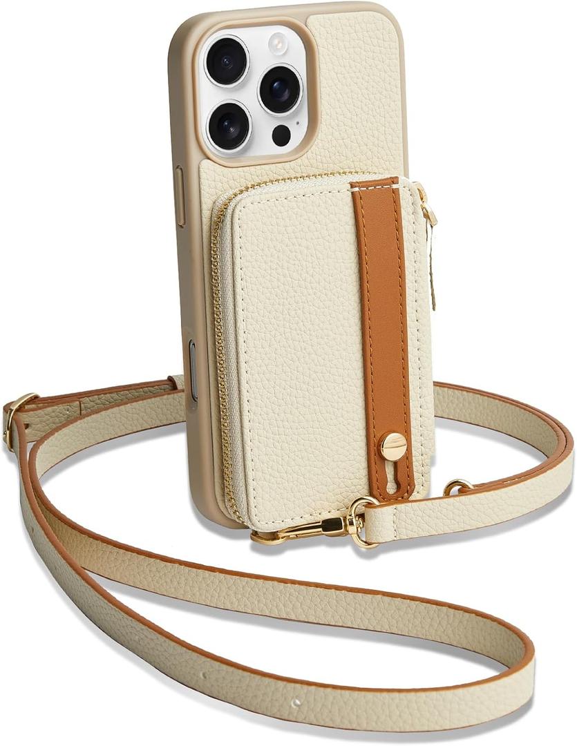 LAMEEKU for iPhone 16 Pro Max Wallet Case with Card Holder, Zipper Leather Crossbody Case with Kickstand Wrist Strap Cover with Phone Grip Holder 6.9 inch Beige
