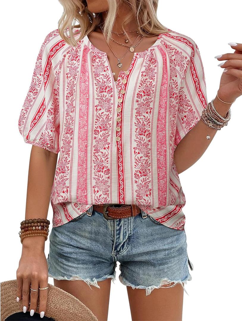 Unixseque Womens Summer Tops V Neck Short Sleeve Blouses Casual Button Down Shirts Floral Boho Clothing Trendy 2025 (XX-Large, Red Stripe)