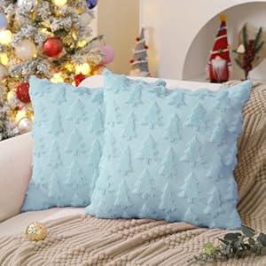 DFXSZ Christmas Tree Pillow Covers 18x18 inch Set of 2 Christmas Decoration Blue Soft Plush Faux Fur Jacquard Throw Pillows for Bedroom Sofa Holiday Festivals Winter Home Decor PTK006F18