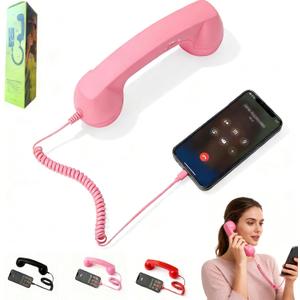 Retro Phone Handset for Type-C Devices, Vintage Style Cell Phone Receiver with Volume Control & Mic, Noise Reduction Wired Landline Handle Receiver for Mobile Video Conferences,Calls,Meetings (Pink)