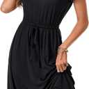 LYANER Women's Ruched Crew Neck Petal Sleeve A Line Drawstring Vacation Knee Length Dress (Black, XL)