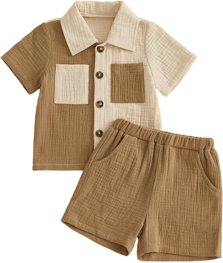 Baby Boys Summer Outfit Color Blocking Button Down Shirts + Shorts Cotton Gauze 2PCS Toddler Clothes Set with Pockets, (Khaki, 6-12 Months)