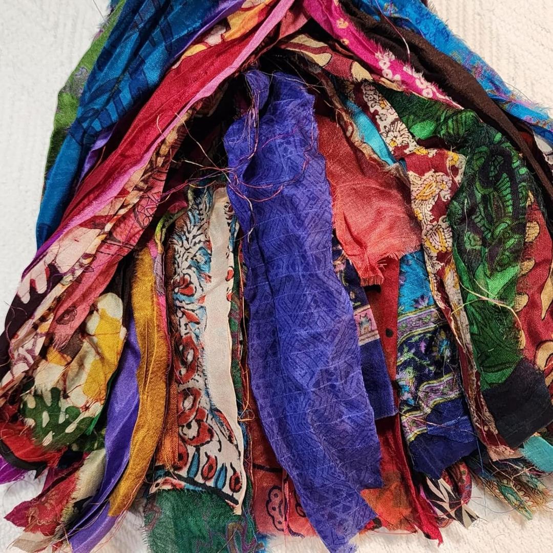 Vintage Sari Silk Fabrics Ribbon Yarn  40 Strips 40 Yards Recycled Indian Silk Skeins for Crafts Mixed Shades, Gift Wrapping, Scrapbooking, DIY Boho Decor, Journaling, Sewing Projects