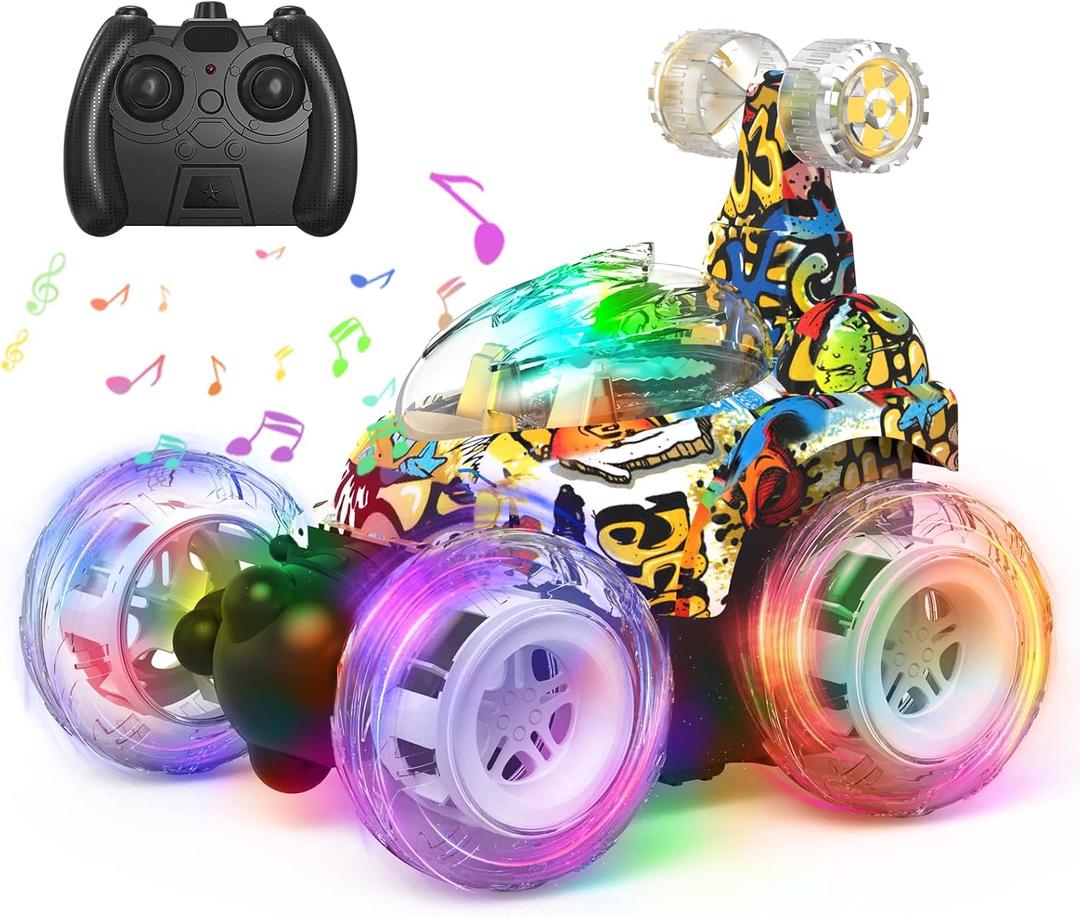 Kizeefun Remote Control Car for Kids RC Stunt Car Invincible 360Rolling Twister with Colorful Lights & Music Rechargeable Remote Control Car Toy for Boys and Girls (Abstract Camouflage)