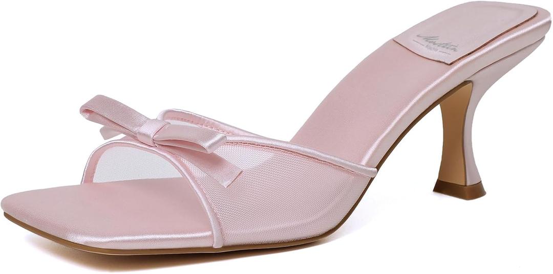 Mostrin Kitten Heels for Women Round Toe Heels With Bow Vintage Mules Sexy Slip on Stiletto Backless Sandals for Party Daily, Size 8.5