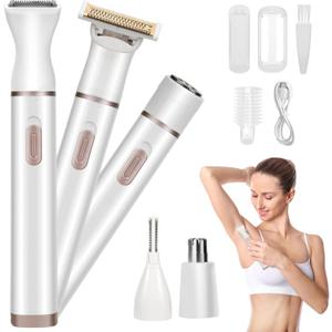 Ladies Body Hair Groomer,Women's Electric 5 in 1 Dry & Wet Cordless Waterproof Facial Removal Painless Gentle Grooming Bikini Trimmers for Female White (White 3004)