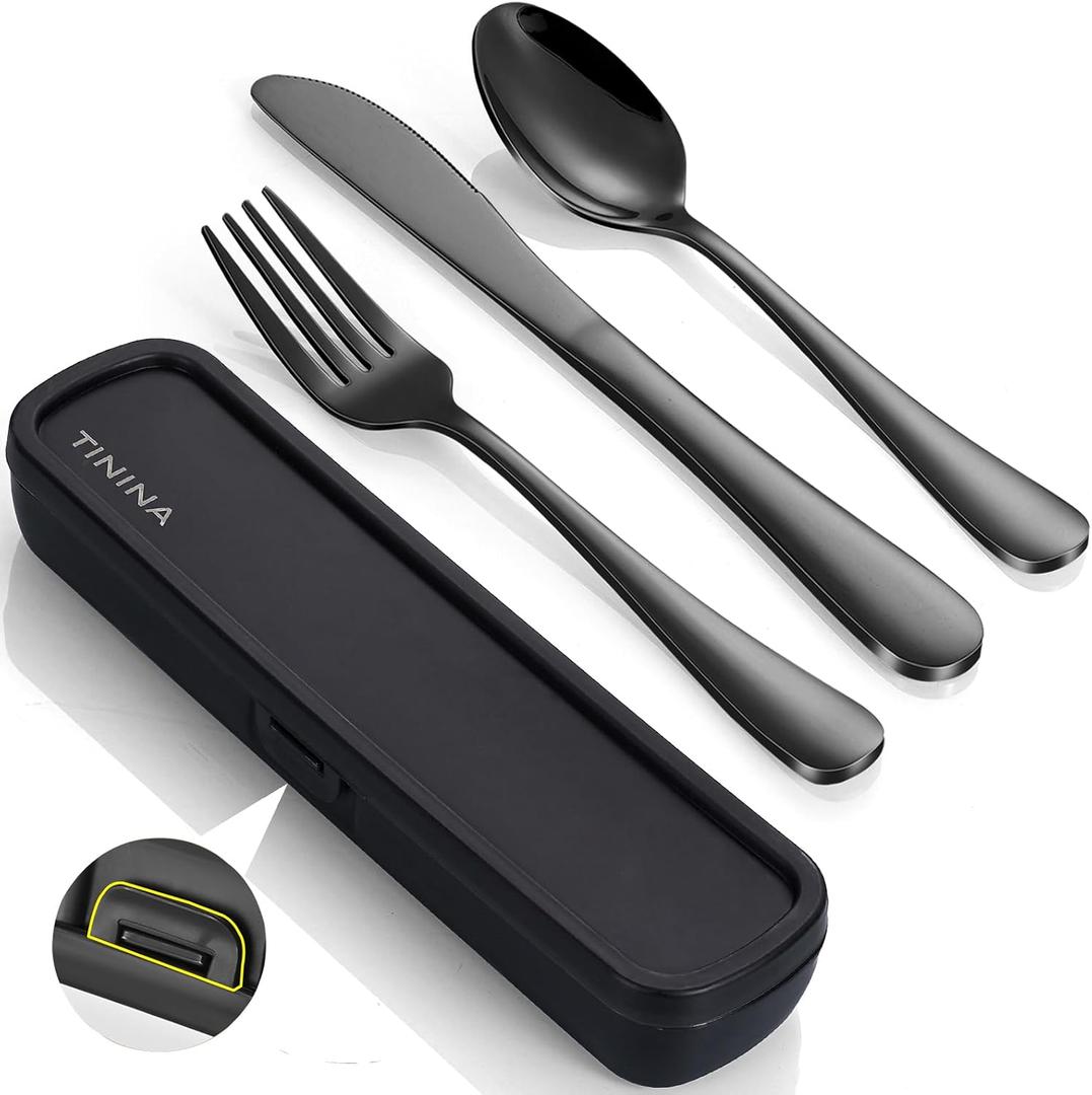 Travel Utensils with Case, 4-Piece Stainless Steel Portable Cutlery Set, Reinforced Case with Buckle Design, Lunch Box for Camping Work School, Include Fork Spoon Knife, Dishwasher Safe, Black