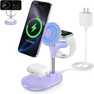 3 in 1 Wireless Charging Station for Apple MagSafe Charger, 15W Fast Qi Certified Magnetic Mag-Safe Charger Stand for iPhone 16 15 14 13 12 Apple Watch AirPods, Adjustable Angle, Purple