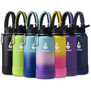 Farsea Insulated Water Bottle With Paracord Handle, Protective Boot and 2 Lids (Straw Lid & Spout Lid), Stainless Steel Water Bottle Wide Mouth, Double Wall Sweat-Proof BPA-Free, 32 oz