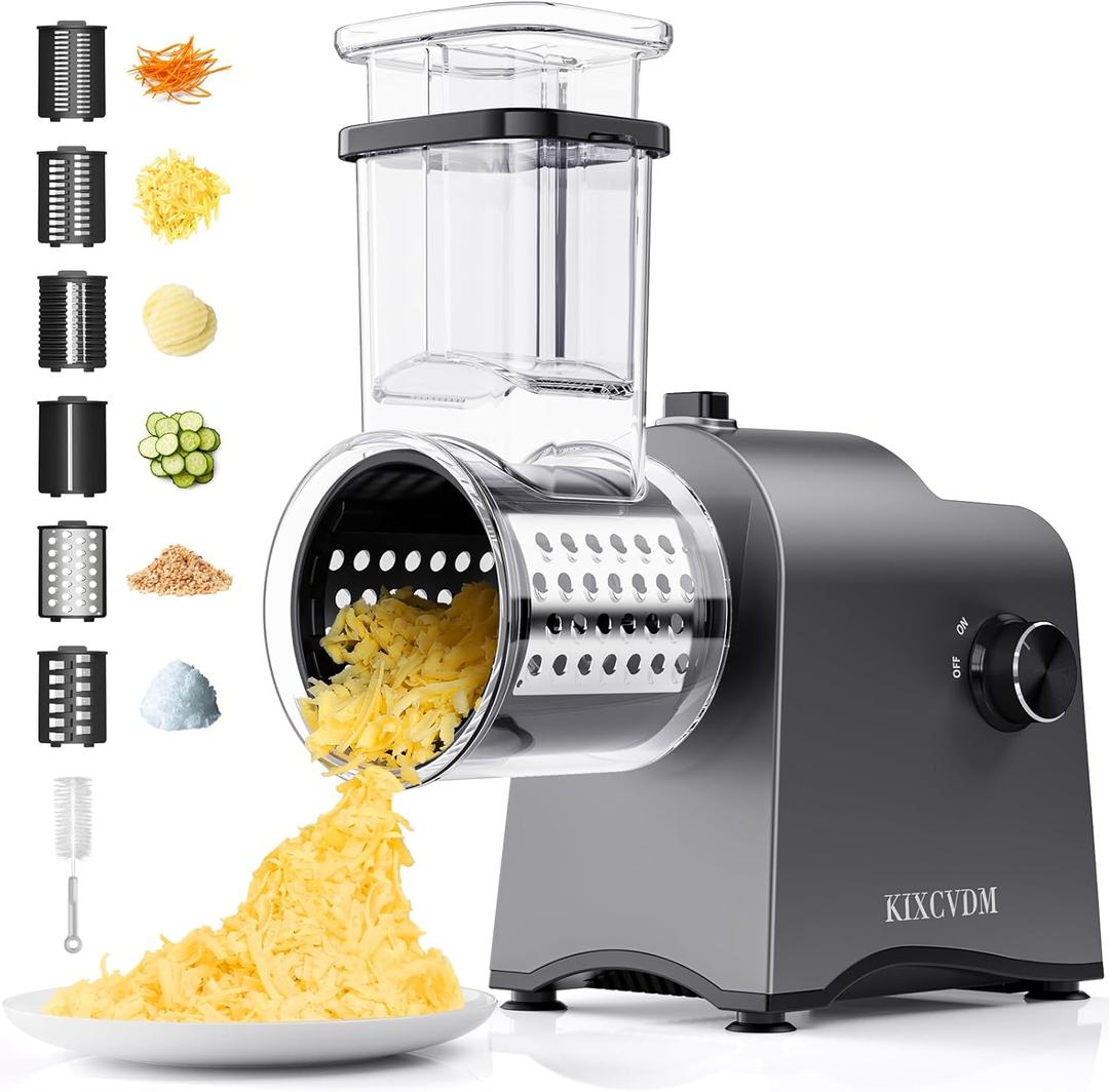 6-In-1 Electric Cheese Grater, Salad Shooter with 6 Different Shapes of Blades, 250W Automatic Cheese Shredder, Rotary Switch Kitchen Electric Slicer for Cheese, Fruits, Vegetables, Smoothie