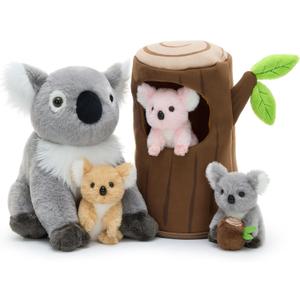 MaoGoLan 5pcs Koala Stuffed Animal, 11.8 Inch Large Mommy Stuffed Koala Plush with 3 Babies & Treehouse, Cute Realistic Stuffed Animals, Gift for Kids Boys Girls