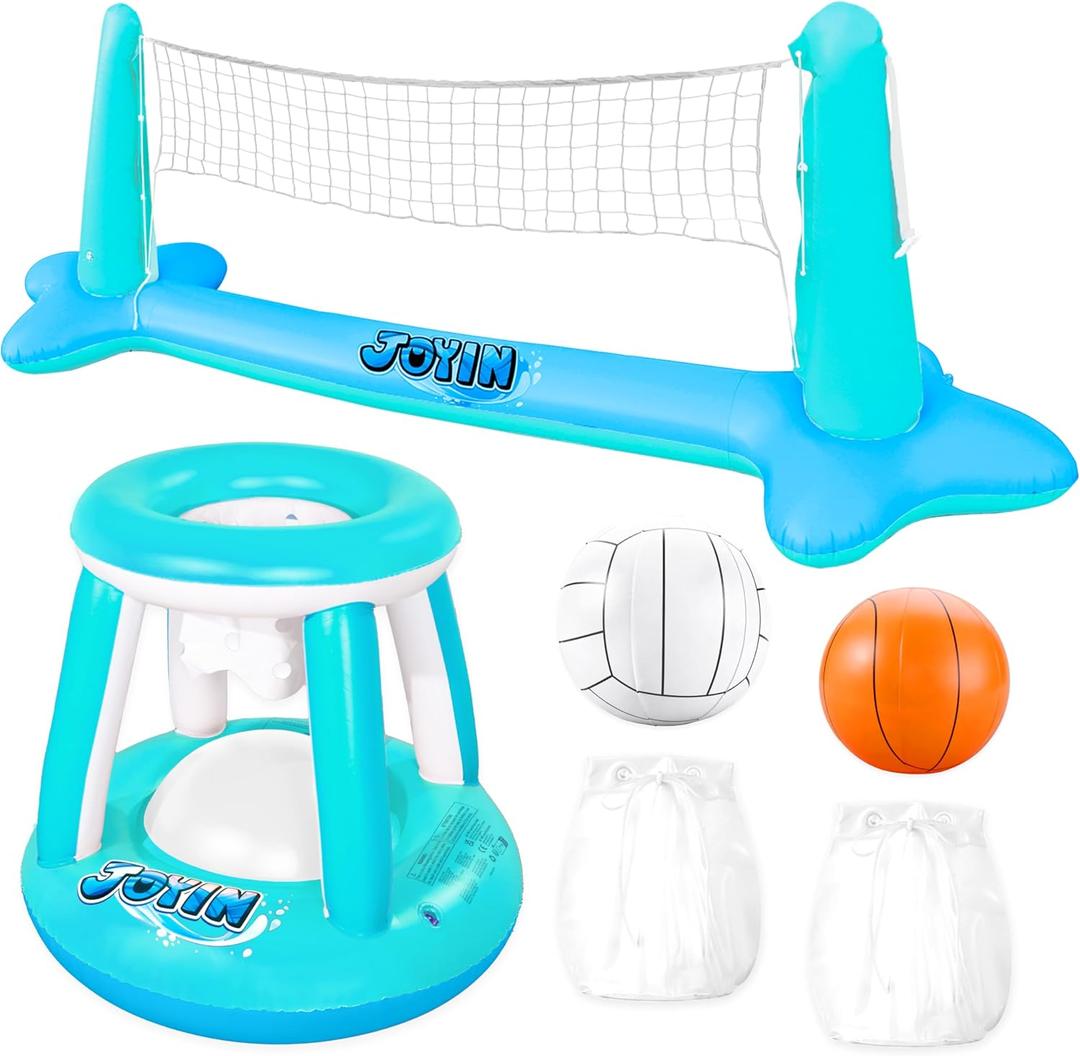 JOYIN Inflatable Pool Float Set Volleyball Net & Basketball Hoops, Floating Swimming Game Toy for Kids and Adults, Summer Floaties, Volleyball Court (105x28x35)|Basketball (27x23x27),L-Blue