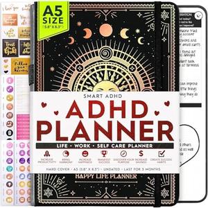 Adhd Daily Planner - A Self Care Personal Gratitude Journal to Increase Productivity and Success in Life & Work, Weekly & Monthly Undated Planner for Women and Men, Vision Board & Organizer + Stickers