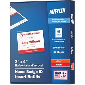 Mifflin-USA Name Badge Inserts,Badge Inserts (50 Sheets), Compatible with Inkjet, Laser Printer, and Printable Sheets