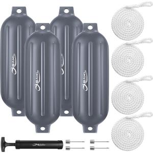 Boat Fenders 4 Pack 8.5 x 27 Inches Ribbed Twin Eyes Boat Fenders Bumpers for Docking, Comes with Ropes and Pump to Inflate