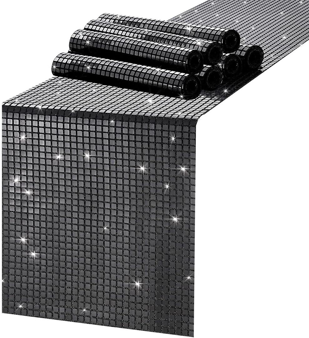 MoKoHouse Black Sequin Table Runner: 8 Packs 13 x 72 Inches - Mirror Glitter Disco Party Table Runners for Retro 70s 80s Theme Disco Ball Birthday Bachelorette Halloween Party Decorations