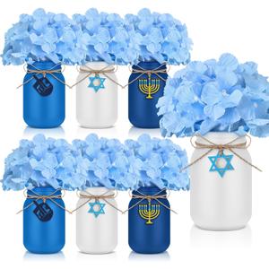 Lyrow 6 Pack Hanukkah Mason Jar Table Centerpiece Faux Hydrangea Floral Kitchen Table Decoration Hanukkah Tiered Tray Decor for Holiday Party Supplies (Blue)