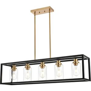 MELUCEE Black Chandeliers Rectangle 5 Lights Dining Room Lighting Fixtures Hanging Over Table, Kitchen Island Lighting Linear Pendant Light Ceiling with Clear Glass Shade and Brushed Brass Socket (36.2 inches)