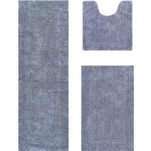 Better Trends Luxury 3 Piece Set Bathroom Rugs 100% Cotton Bath Rug Soft, Water Absorbent, Reversible, Machine Washable for Bathroom Decor Toilet Base Contour and Runner Mat Silver Lux Collection (3pc (20x20 | 21x34 | 20x60))