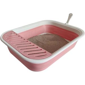 Collapsible Small Cat Litter Box for Kittens Open Potty Pan Travel Foldable Waterproof Shallow Anti-Splash Removable Semi-Enclosed Kitten Kitty Puppy Small Animals Senior Pet (Pink)