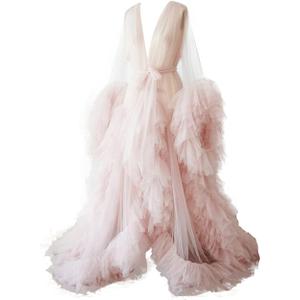 BATHGOWN Sexy Illusion Long Lingerie Tulle Robe Nightgown Bathrobe Sleepwear Bridal Robe Wedding Scarf (Medium, Pink)