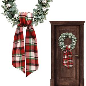 Christmas Wreath Sash for Front Door, Birthday Red Plaid Burlap Ribbon Sash Holiday Wreath Accessories for Baby Shower Wedding Decorations