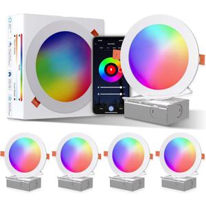 ORALUCE Smart Recessed Lighting 6 Inch, WiFiBluetooth Color Changing Retrofit LED Can Lights, 13W 1050LM RGBCW 2700-6500K Ultra-Thin Wafer Lights Compatible with Alexa/Google Assistant, 4Pack