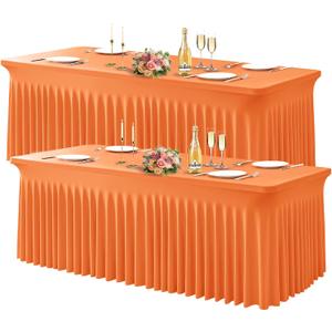Wish Care 2 Pack Orange Spandex Table Clothes for 8 Foot Rectangle Tables, 8FT Wrinkle Free Fitted Tablecloths Ruffles Design Table Cover for Party, Banquet, Wedding and Events